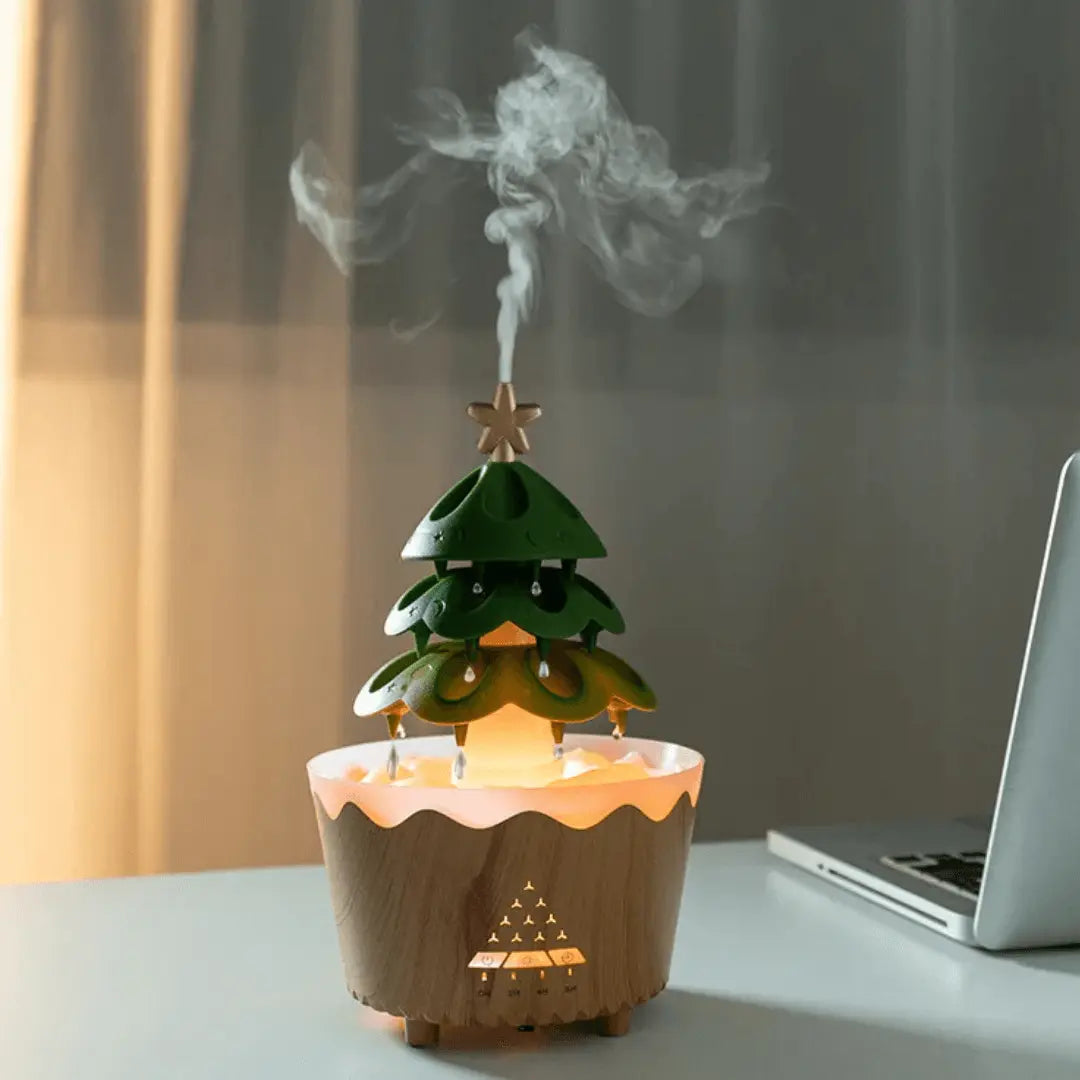 Christmas Tree Aroma Diffuser for Essential Oils | Silent Mist in Red, Wood or White | Festive Tabletop Home Decor