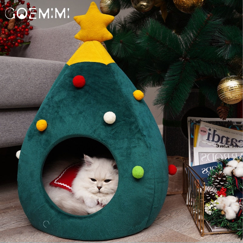 Christmas Tree Cat Bed in Soft Plush, Medium or Large | Warm Xmas Spot for Your Pet | Festive Holiday Gift Idea