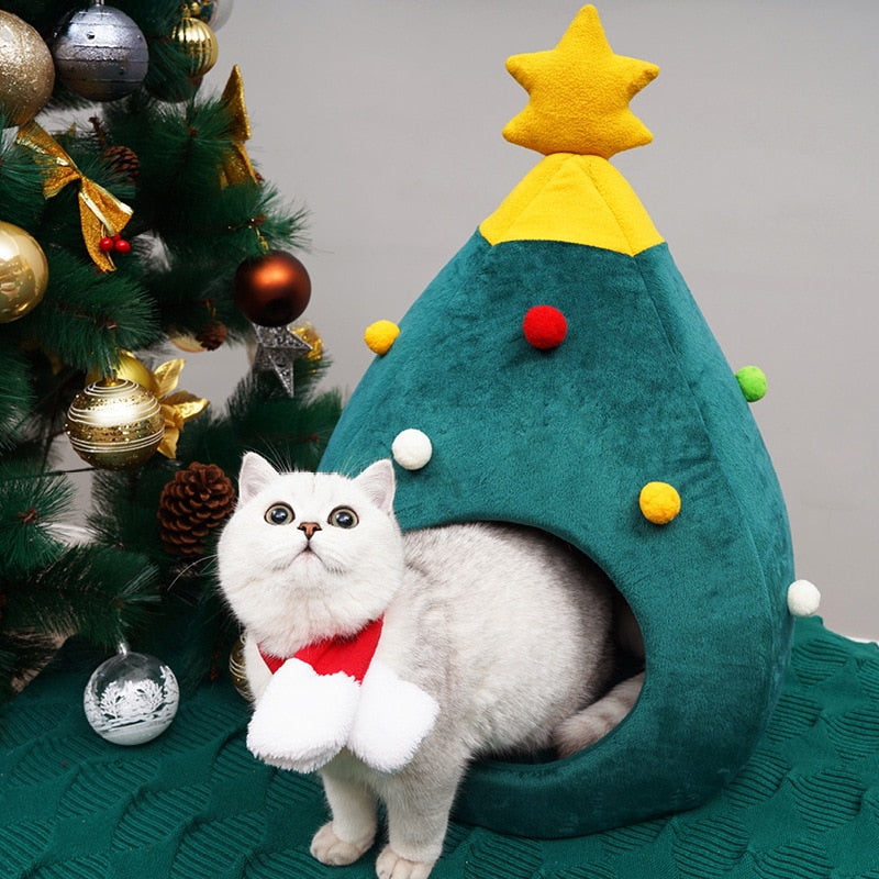 Christmas Tree Cat Bed in Soft Plush, Medium or Large | Warm Xmas Spot for Your Pet | Festive Holiday Gift Idea