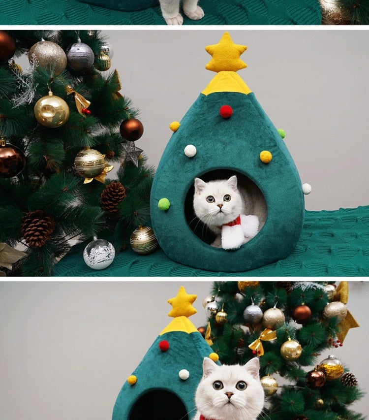Christmas Tree Cat Bed in Soft Plush, Medium or Large | Warm Xmas Spot for Your Pet | Festive Holiday Gift Idea