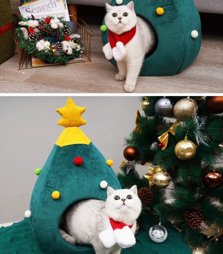 Christmas Tree Cat Bed in Soft Plush, Medium or Large | Warm Xmas Spot for Your Pet | Festive Holiday Gift Idea