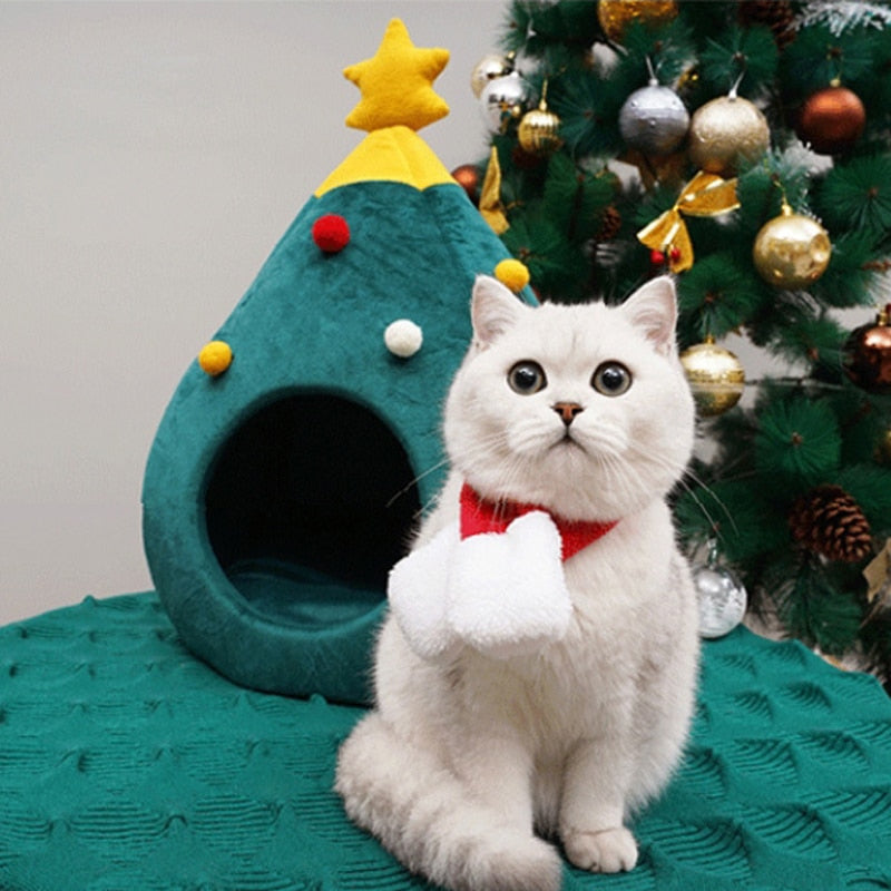 Christmas Tree Cat Bed in Soft Plush, Medium or Large | Warm Xmas Spot for Your Pet | Festive Holiday Gift Idea