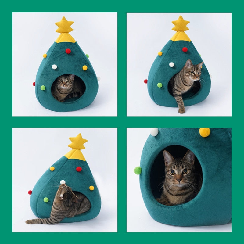 Christmas Tree Cat Bed in Soft Plush, Medium or Large | Warm Xmas Spot for Your Pet | Festive Holiday Gift Idea
