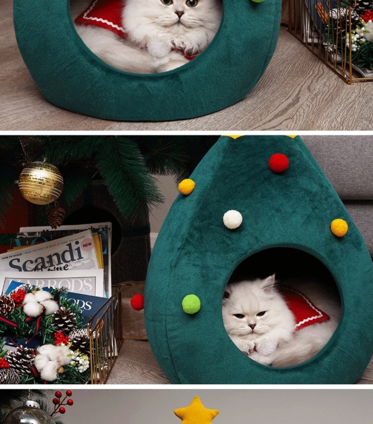 Christmas Tree Cat Bed in Soft Plush, Medium or Large | Warm Xmas Spot for Your Pet | Festive Holiday Gift Idea
