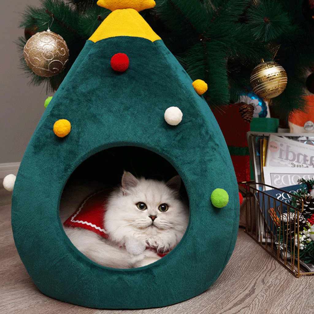 Christmas Tree Cat Bed in Soft Plush, Medium or Large | Warm Xmas Spot for Your Pet | Festive Holiday Gift Idea