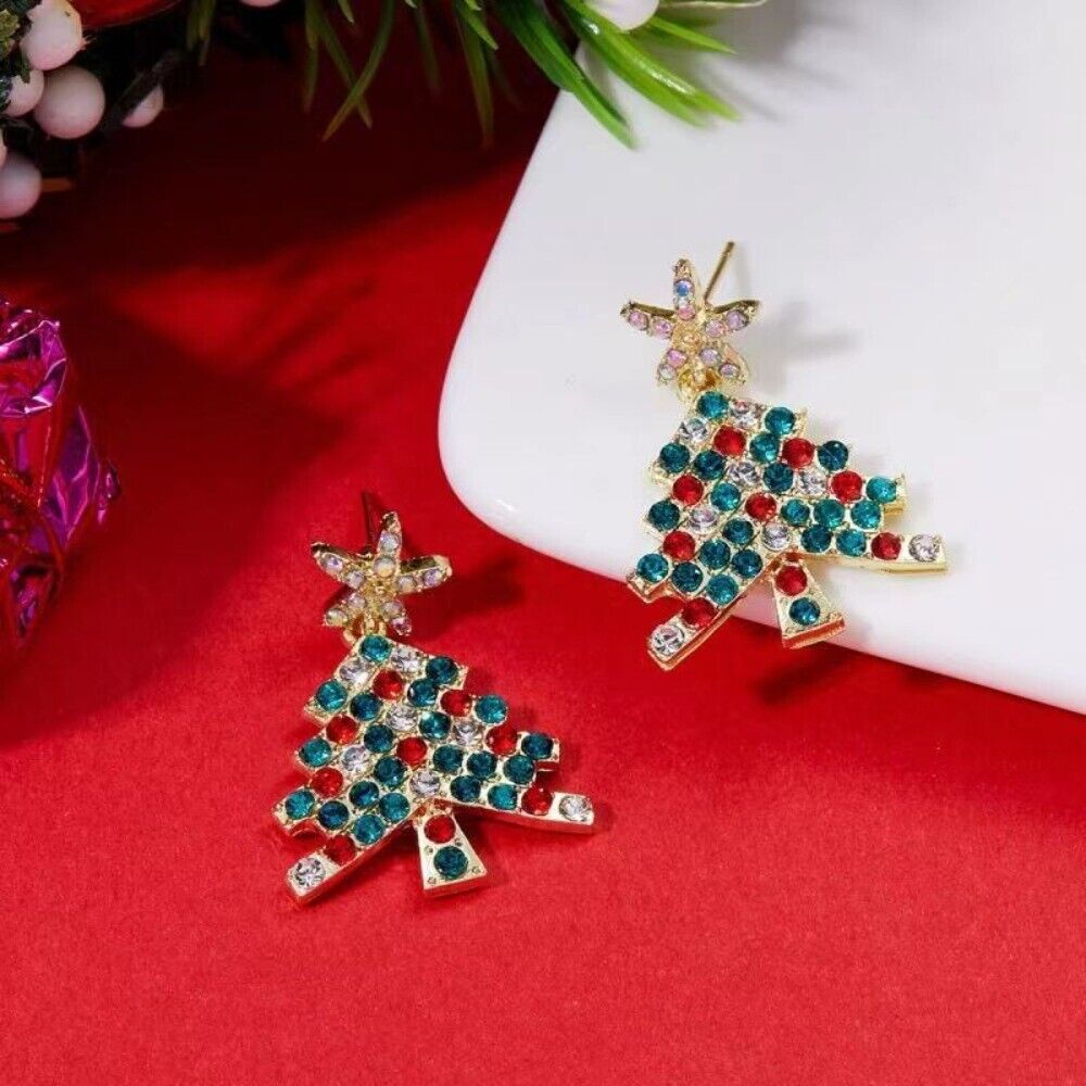 Christmas Tree Dangle Earrings in Clear or Colourful Finish | Festive Stainless Steel Jewelry | 5 cm Hook Drops
