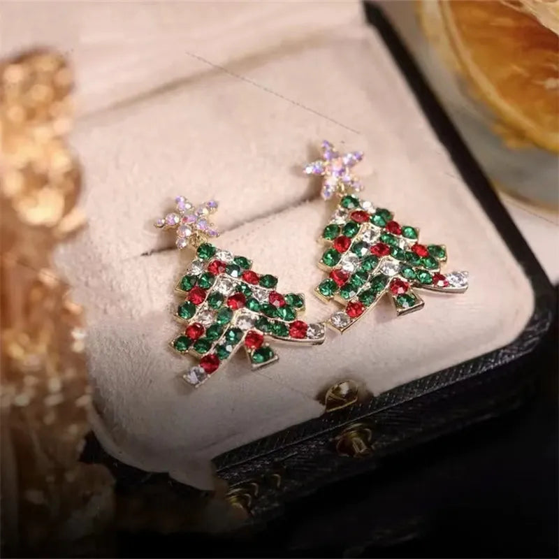 Christmas Tree Dangle Earrings in Clear or Colourful Finish | Festive Stainless Steel Jewelry | 5 cm Hook Drops