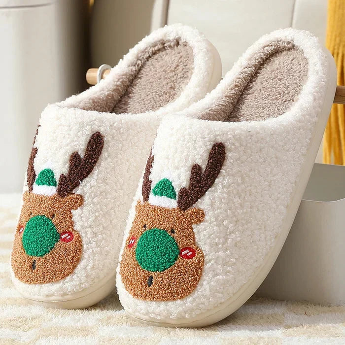 Reindeer Slippers in Soft Plush | Cosy Christmas House Shoes in Red or Green | Festive Holiday Gift for Warm Feet