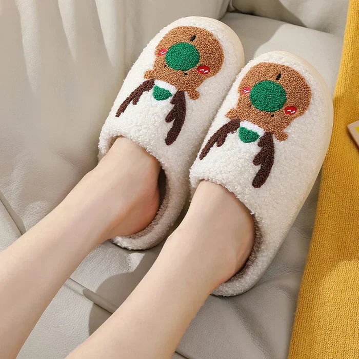 Reindeer Slippers in Soft Plush | Cosy Christmas House Shoes in Red or Green | Festive Holiday Gift for Warm Feet