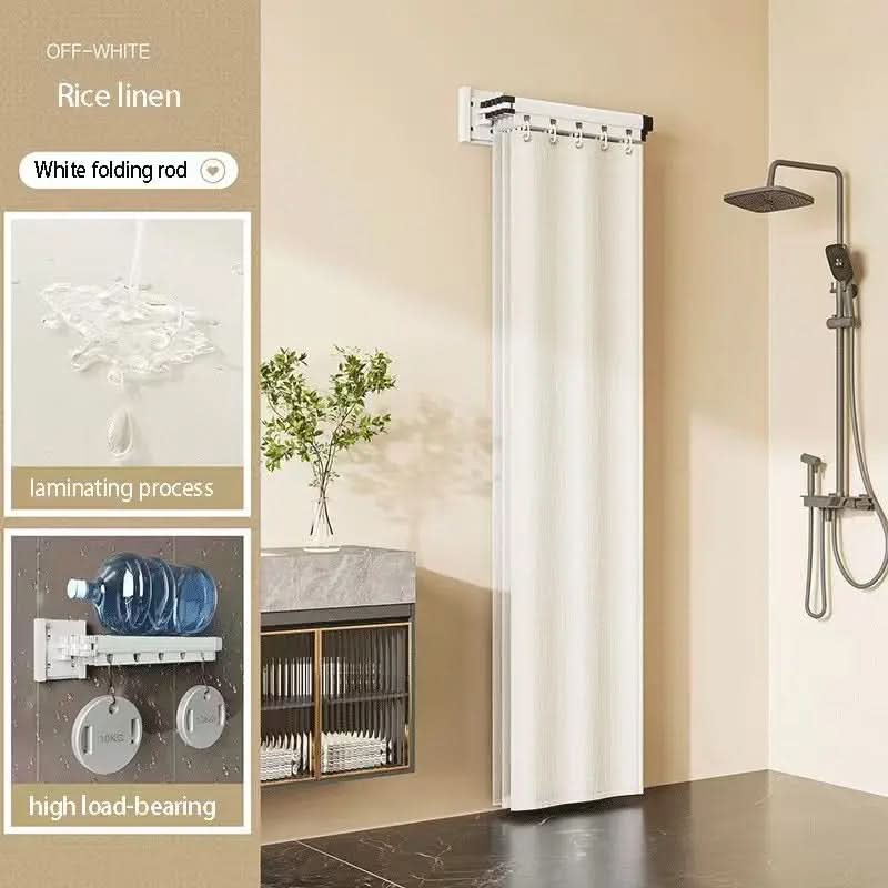 Foldable Shower Curtain Rod Partition Set | Waterproof Fabric | Gray & White Rack Options | Wet-Dry Bathroom Divider