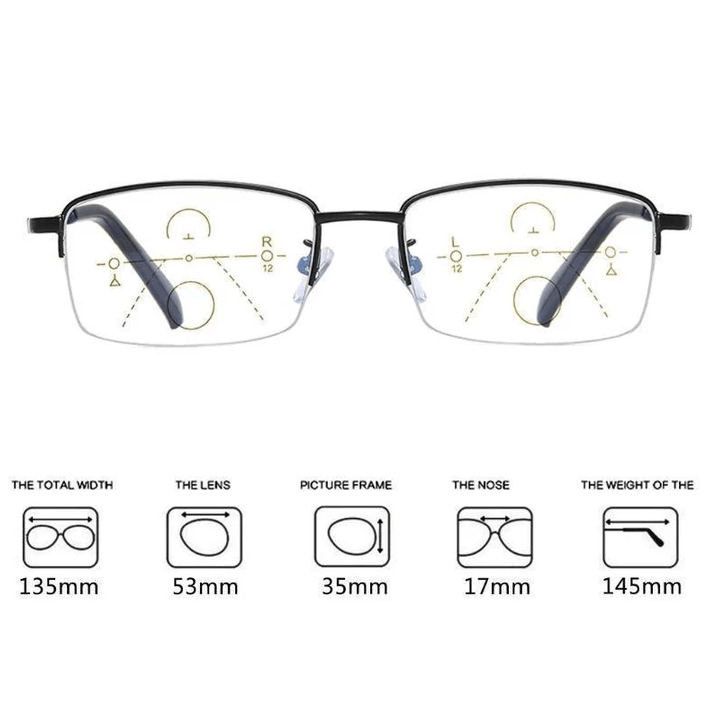 Progressive Reading Glasses in Titanium at 17 g | Go from Near to Far Without Swapping Pairs | Seven Strengths, Black or Gold