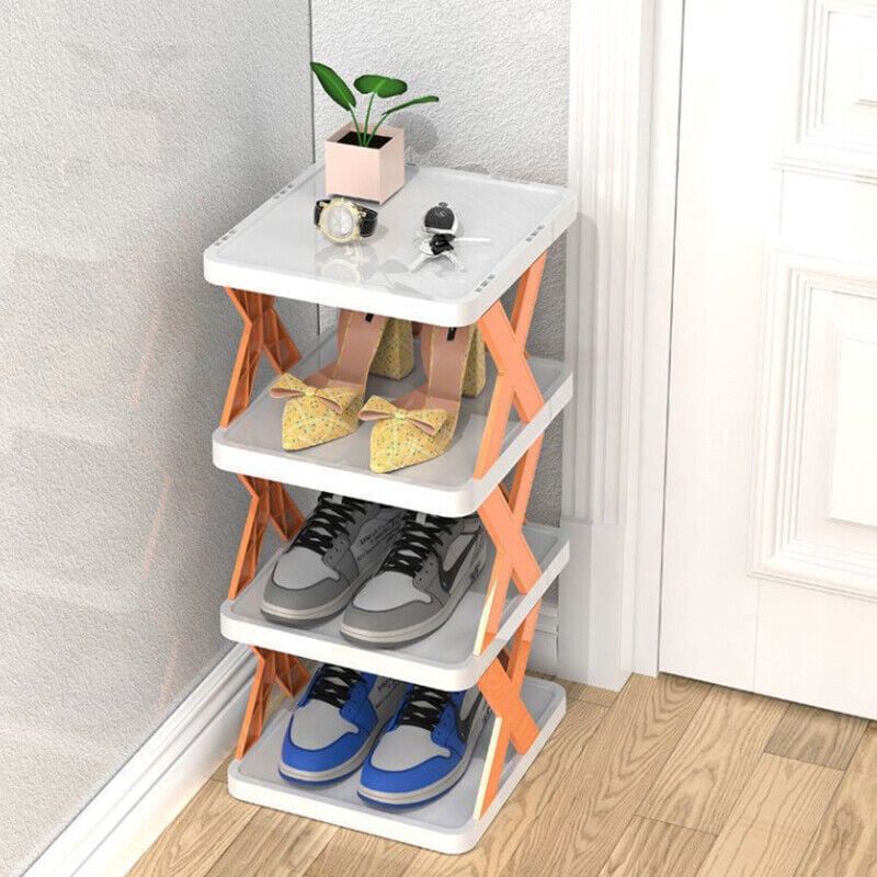 Shoe Rack with Three to Eight Vertical Tiers for Narrow Halls | Side Guards and a Top Shelf | Waterproof PP in Orange, Blue or Green