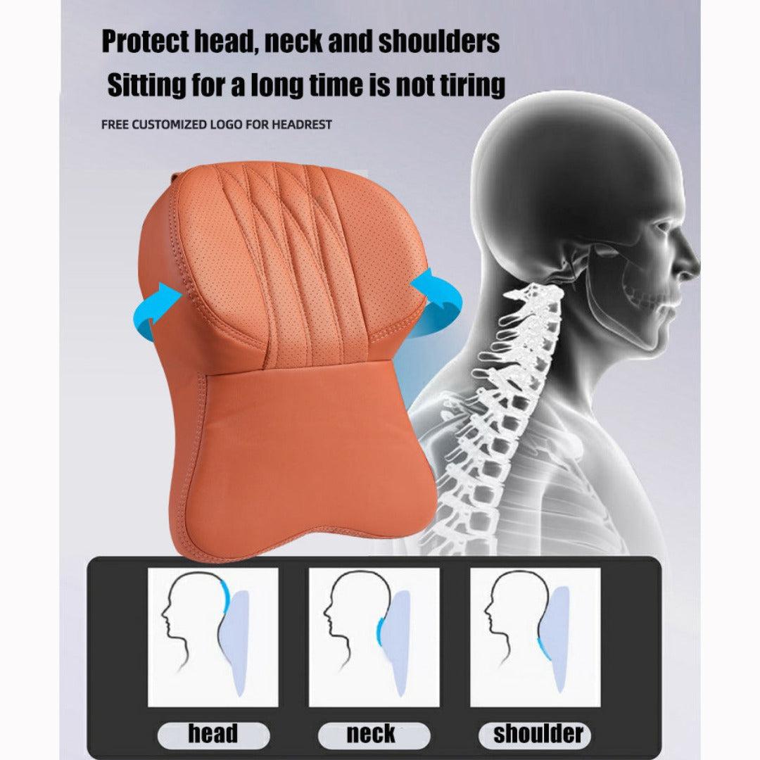 Car Neck Pillow with a Memory Foam Core | Quilted Leather Cover That Straps onto Any Headrest | Extra Support on Long Drives