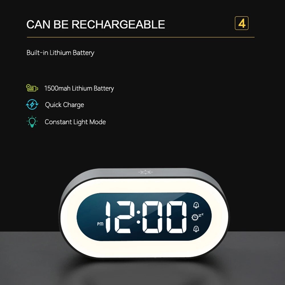 Digital Alarm Clock with Dimmable Nightlight and Nature Sounds | USB-C Rechargeable LED Display | 2 Colors