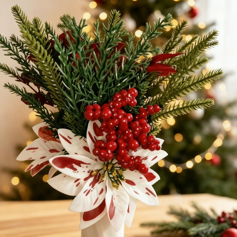 Mini Christmas Tree Arrangement in a Vase, 8 in Tall | Plastic and Wood Build for Desks and Shelves | Four Designs
