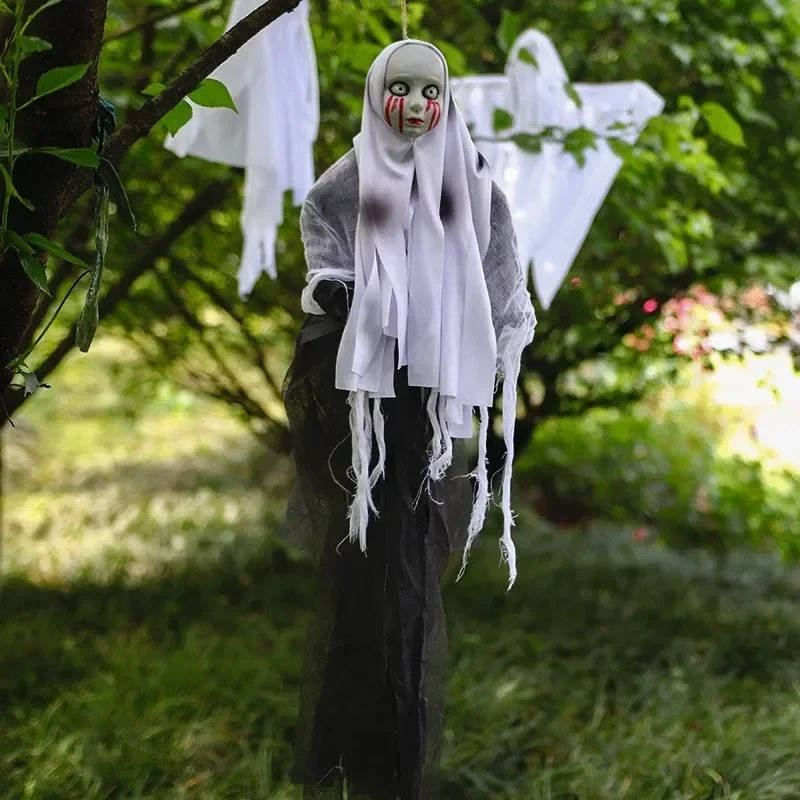 Hanging female ghost skull Halloween decoration with flowing fabric