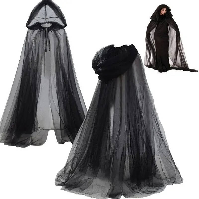 Hooded Witch Cape Halloween Costume | Layered Black Tulle With Dramatic Hood | One Size, Trim To Length, Machine Wash