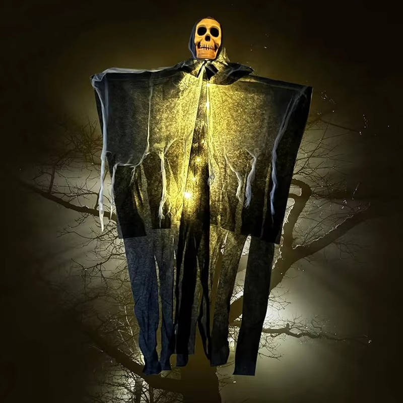Indoor Halloween party display with lighted skull decorations