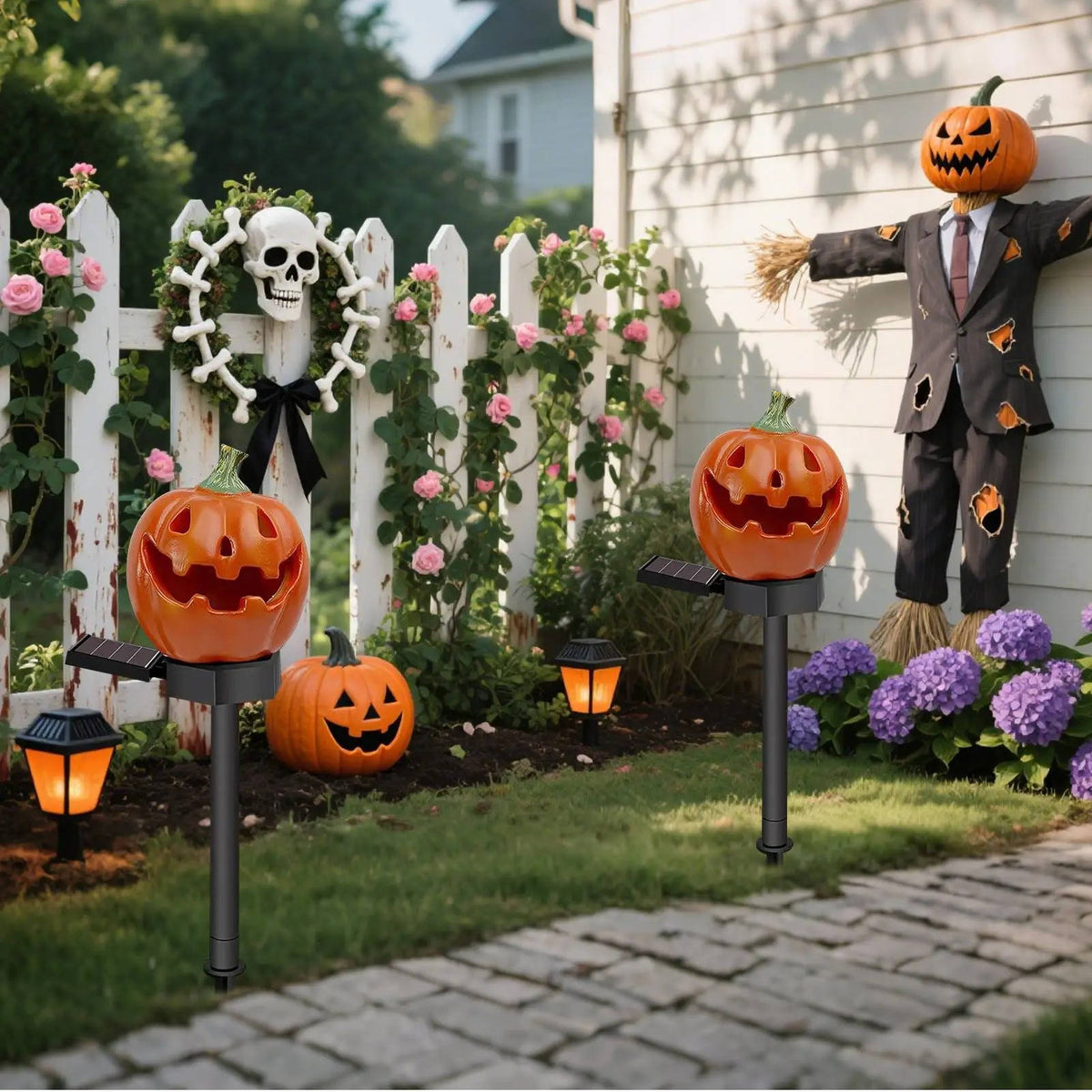 Close view of the resin pumpkin light and its ground stake