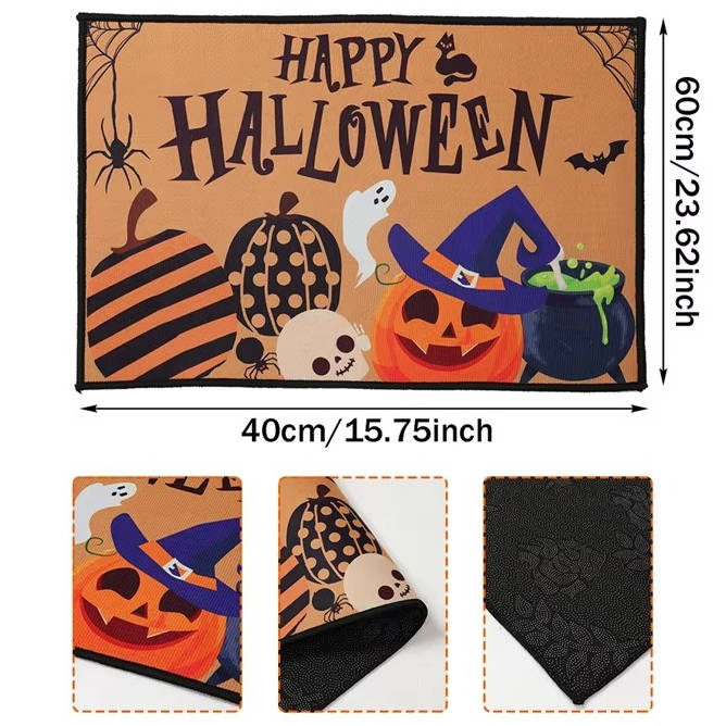 Halloween welcome mat placed on a tiled entry floor