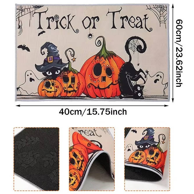 Halloween mat used indoors beside a doorway