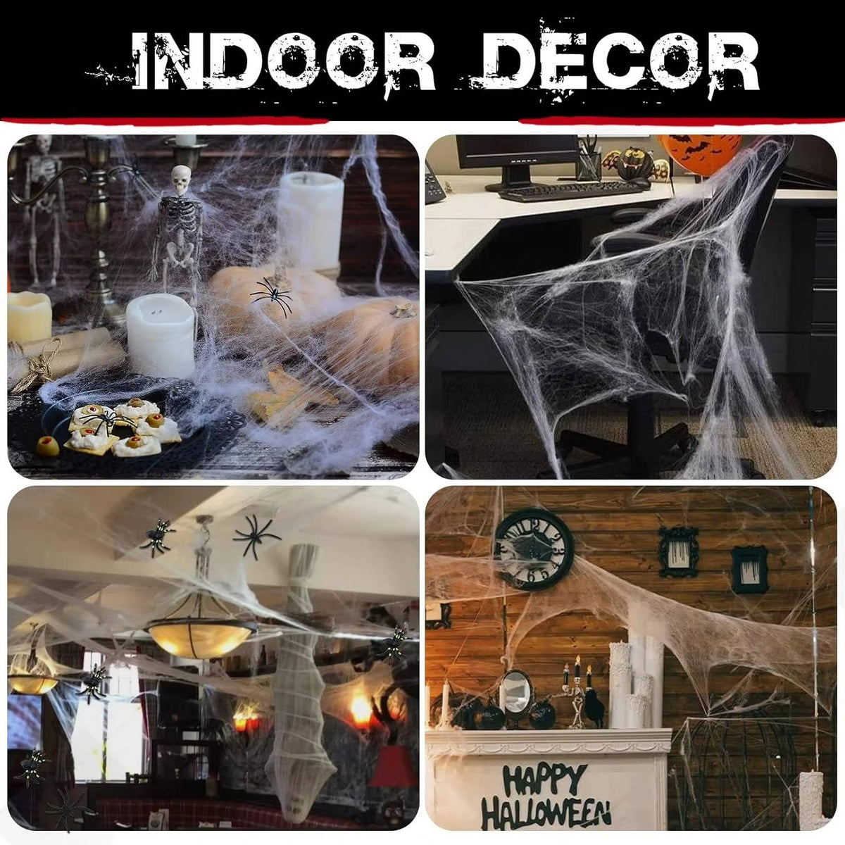 Stretched Halloween cobwebs with spiders on an outdoor tree