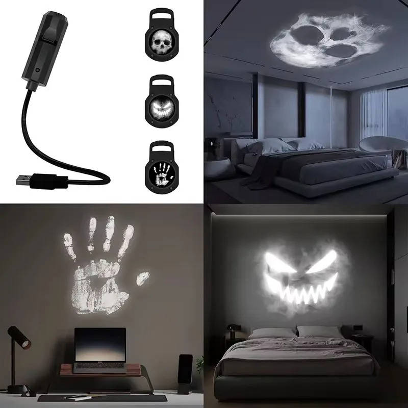 Halloween light projector casting ghost patterns on a wall