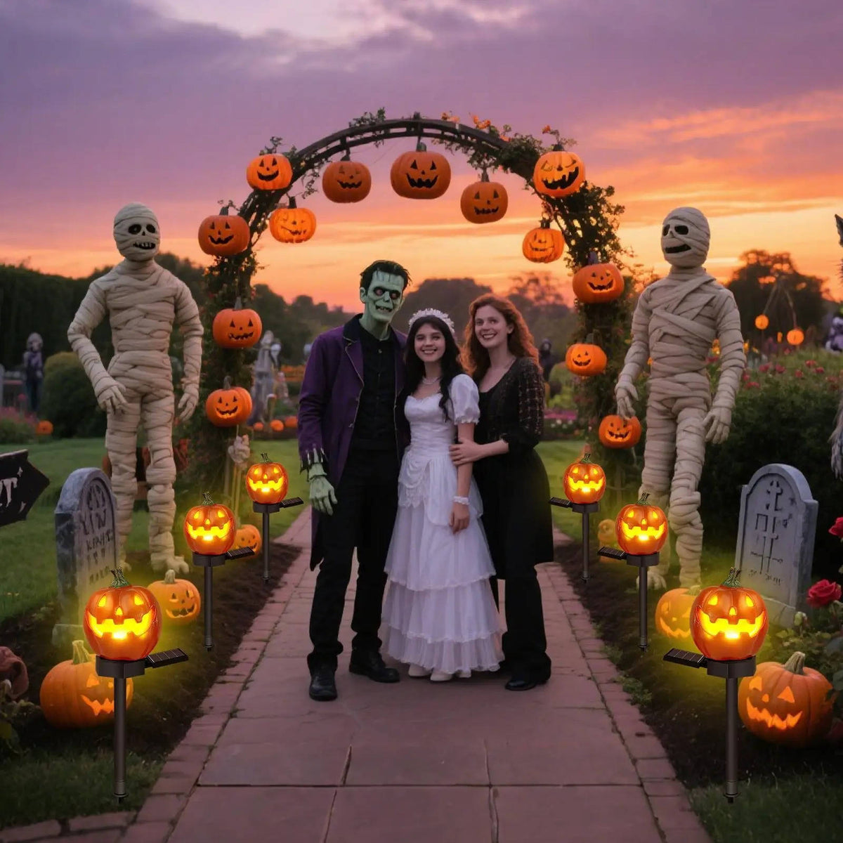 Warm white glow from a Halloween pumpkin pathway light