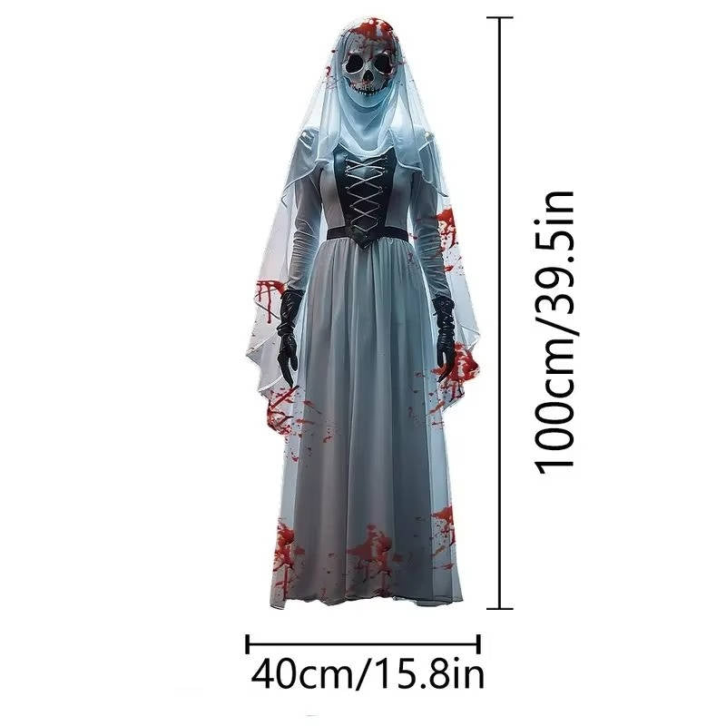 Flat hanging Halloween bride prop displayed in a doorway