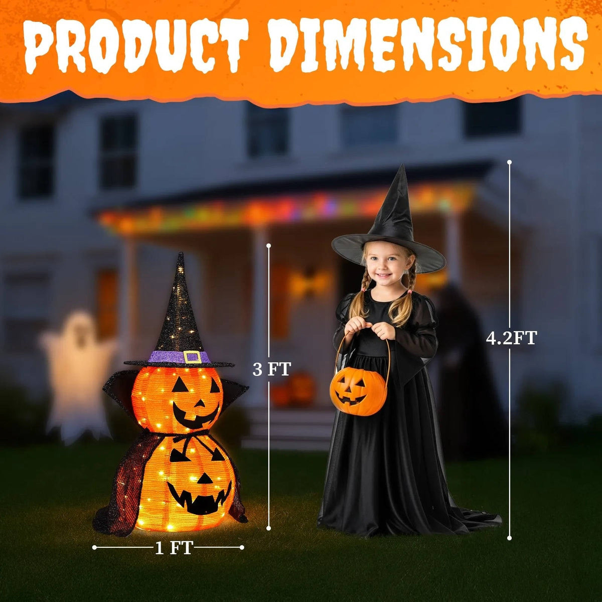Lighted Halloween Pumpkin Set Of 2 | 3 Ft Tall With 176 Warm White LEDs Each | Collapsible Metal Frame, No Tools