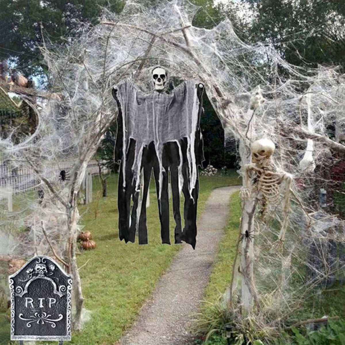 Spider web decoration spread across a window frame