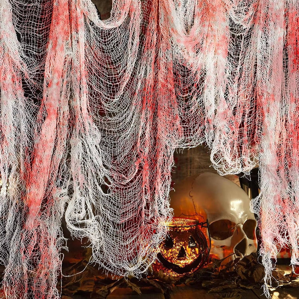 Creepy cloth hung from a doorway for Halloween