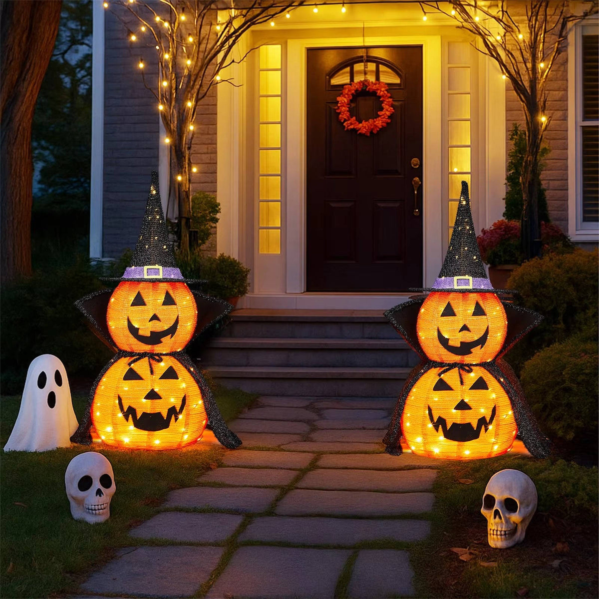 Lighted pumpkin decoration glowing with warm white LEDs