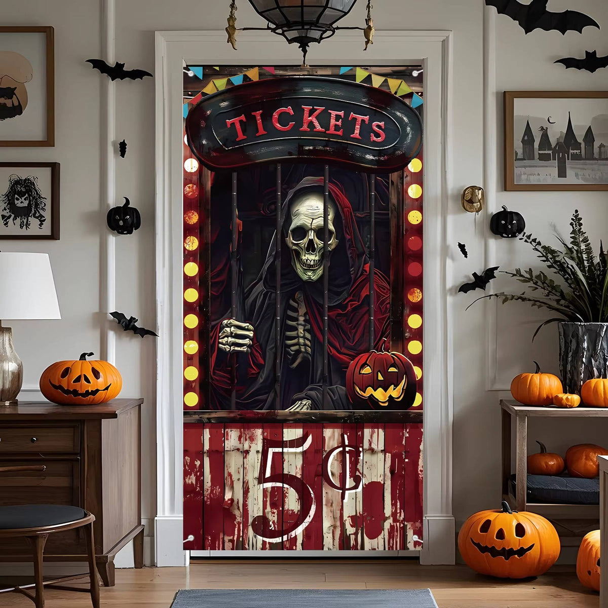Polyester Halloween door decoration showing skulls and bloody handprints