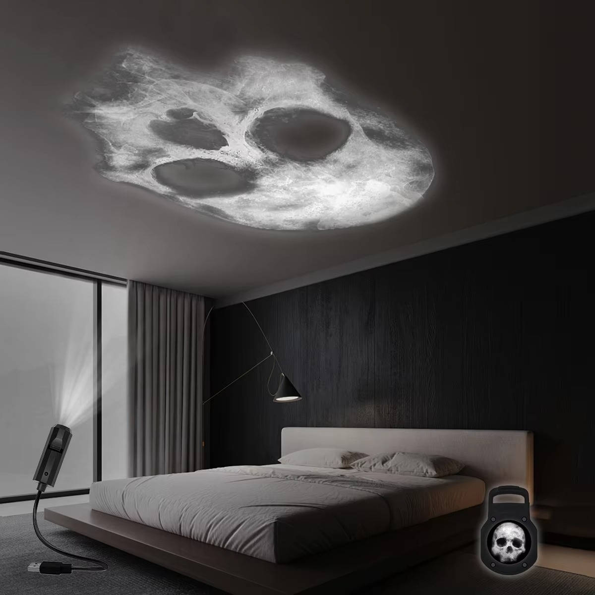 Skeleton pattern projected across a garage door