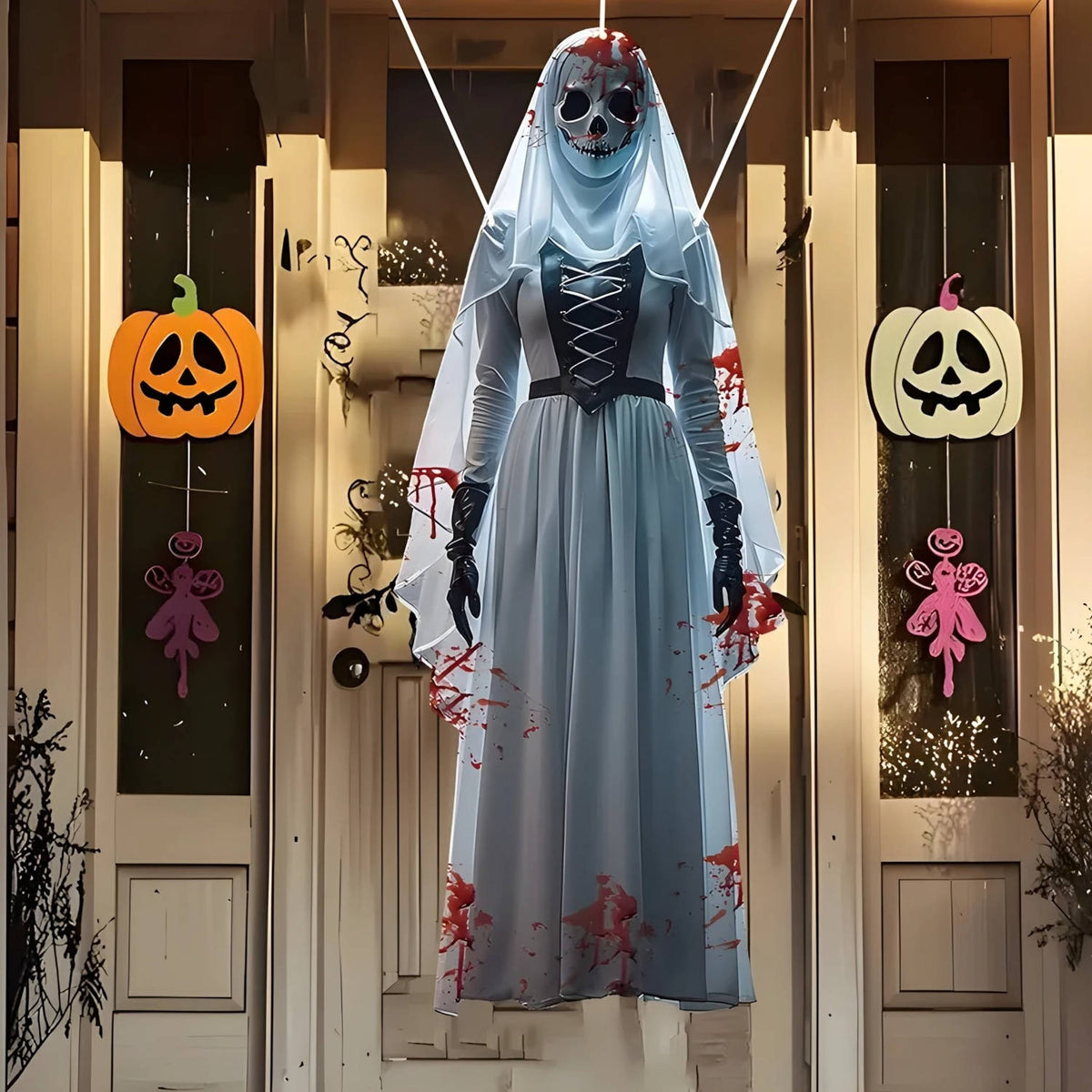 Skull faced bride decoration hanging from a tree outdoors