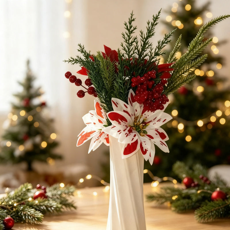 Mini Christmas Tree Arrangement in a Vase, 8 in Tall | Plastic and Wood Build for Desks and Shelves | Four Designs