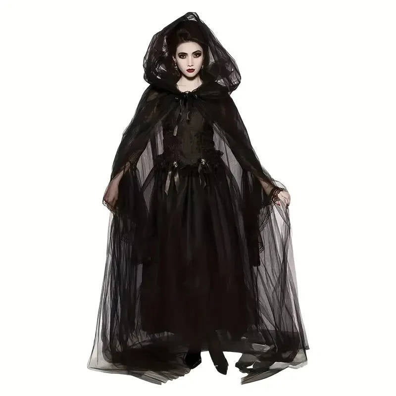 Hooded Witch Cape Halloween Costume | Layered Black Tulle With Dramatic Hood | One Size, Trim To Length, Machine Wash