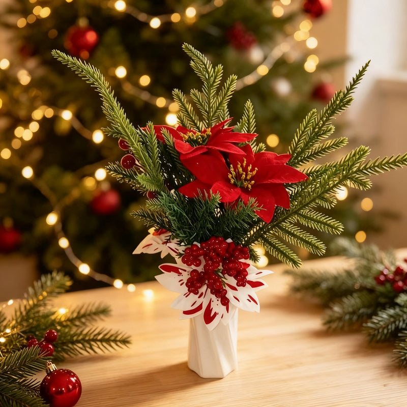 Mini Christmas Tree Arrangement in a Vase, 8 in Tall | Plastic and Wood Build for Desks and Shelves | Four Designs