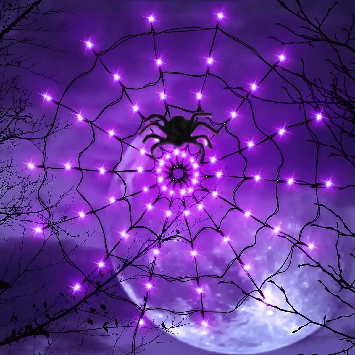 Close view of the LED strands on the Halloween spider web light