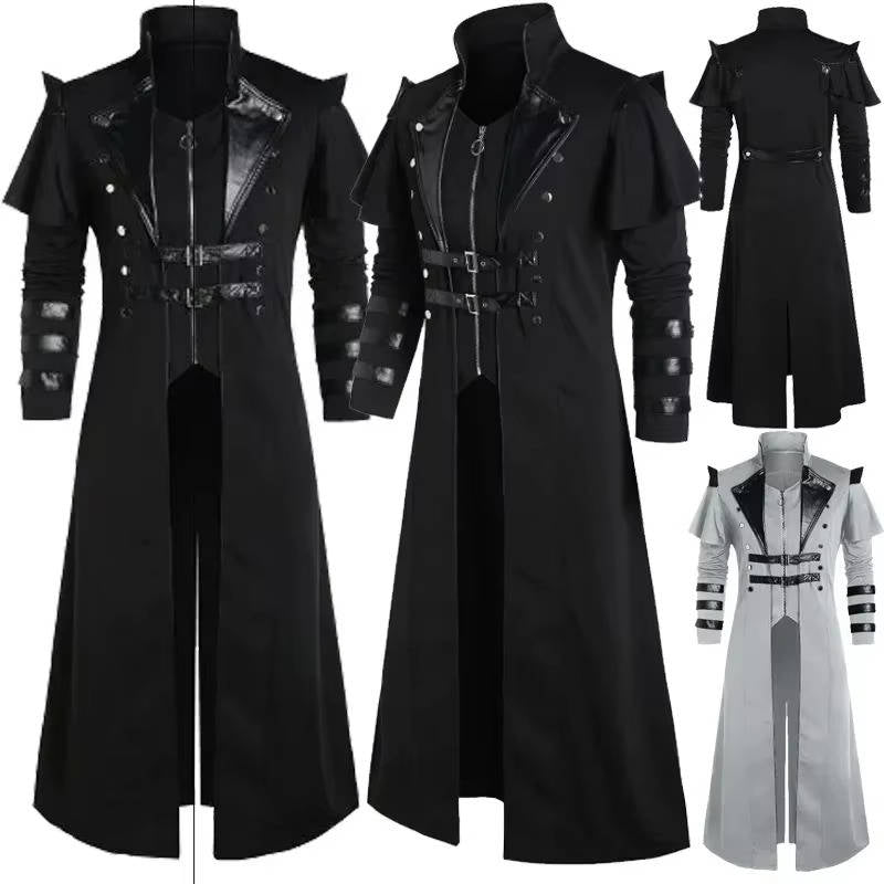 Mens Gothic Victorian Halloween Jacket | Polyester With Faux Leather Trim and 2 Inner Pockets | Black or Gray, S to 5XL