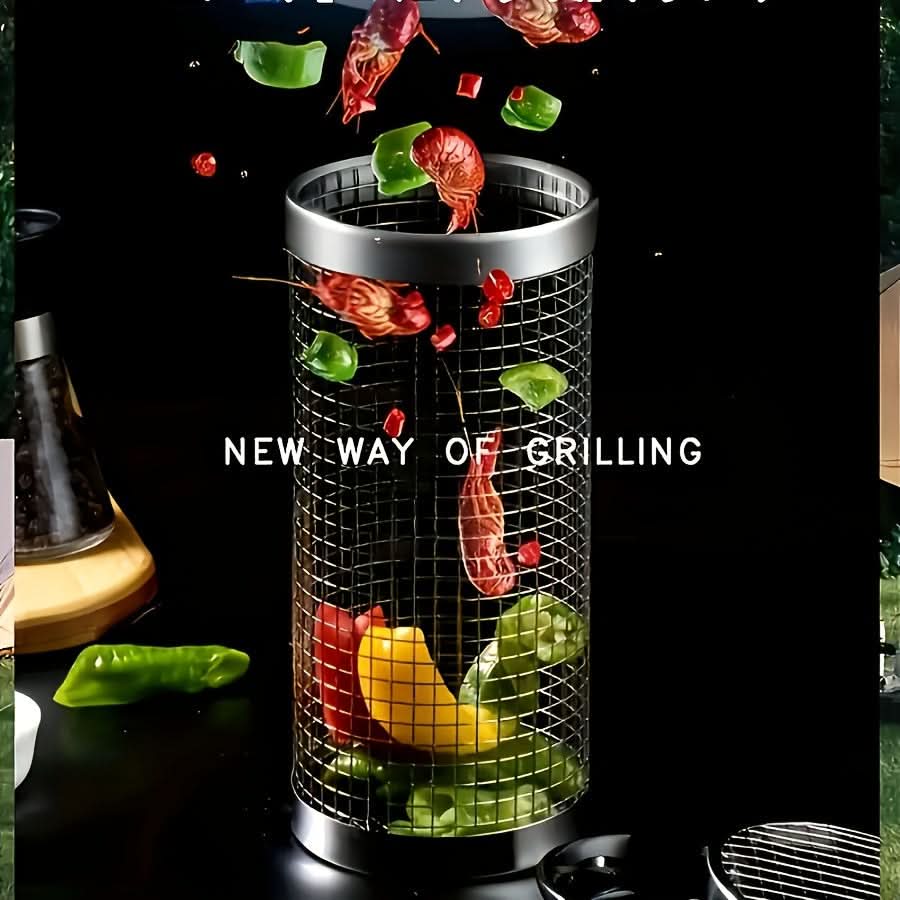 Stainless Steel Rolling Grill Basket with Detachable Handle | 304-Grade Steel | Even-Cook Rotating Design for BBQ