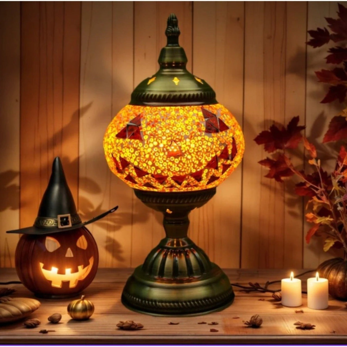 Newest mosaic glass pumpkin lamp style lit on a table