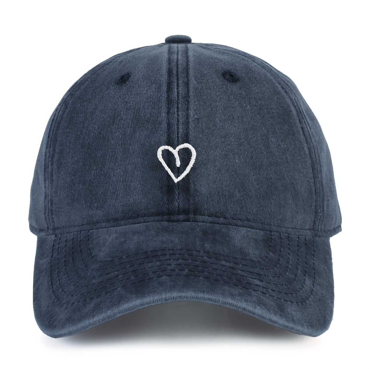 Washed Baseball Cap with an Embroidered Heart | Adjustable Buckle Strap, One Size | Eight Colors in Woven Polyester