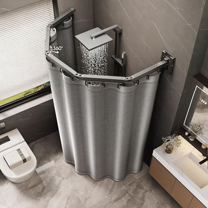 Foldable Shower Curtain Rod Partition Set | Waterproof Fabric | Gray & White Rack Options | Wet-Dry Bathroom Divider