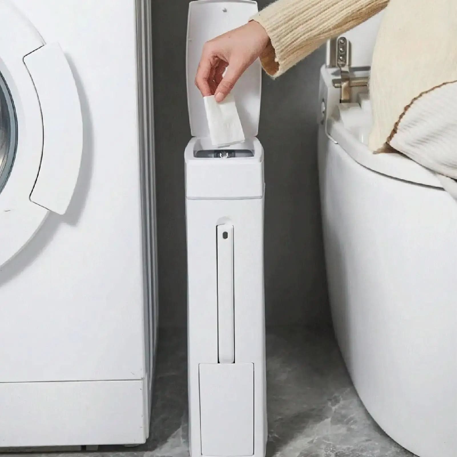 2-in-1 Slim Trash Can with Hidden Toilet Brush Holder | 1.2-Gallon Capacity | Space-Saving Bathroom Cleaning Set
