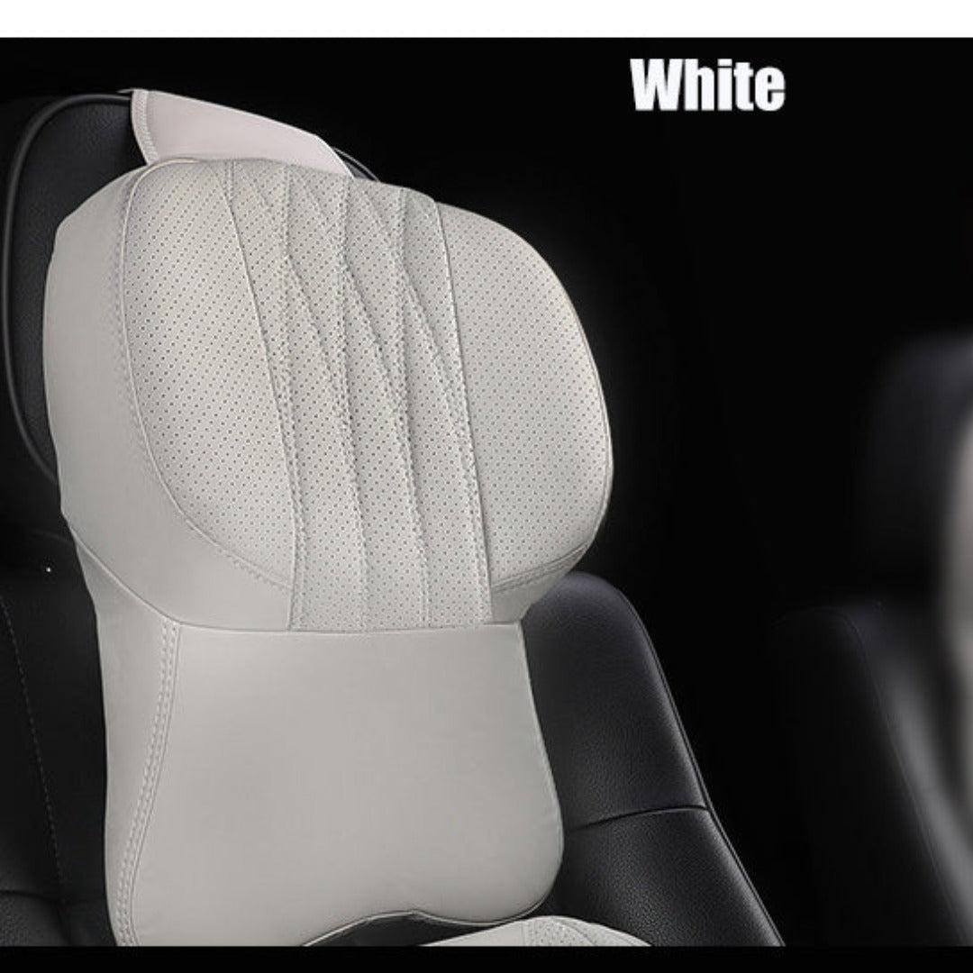 Car Neck Pillow with a Memory Foam Core | Quilted Leather Cover That Straps onto Any Headrest | Extra Support on Long Drives