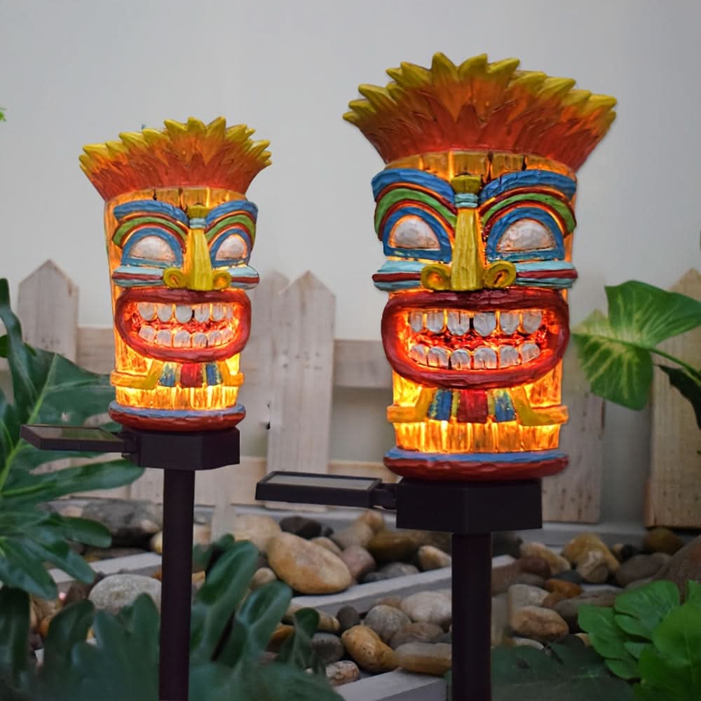 Solar Tiki Totem LED Garden Stake Light 17.9 In | Warm Glow, Light-Sensor Auto On | Tropical Patio & Party Decor