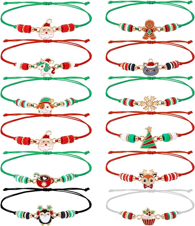 Christmas Charm Bracelet Set of 12 | Adjustable Stackable Festive Jewelry | Rope Cord That Fits All Wrist Sizes