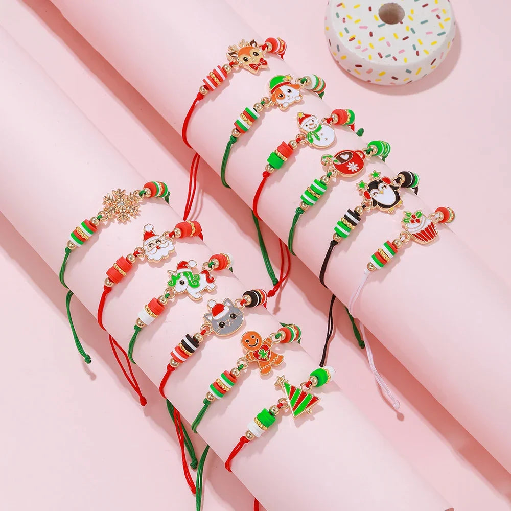 Christmas Charm Bracelet Set of 12 | Adjustable Stackable Festive Jewelry | Rope Cord That Fits All Wrist Sizes